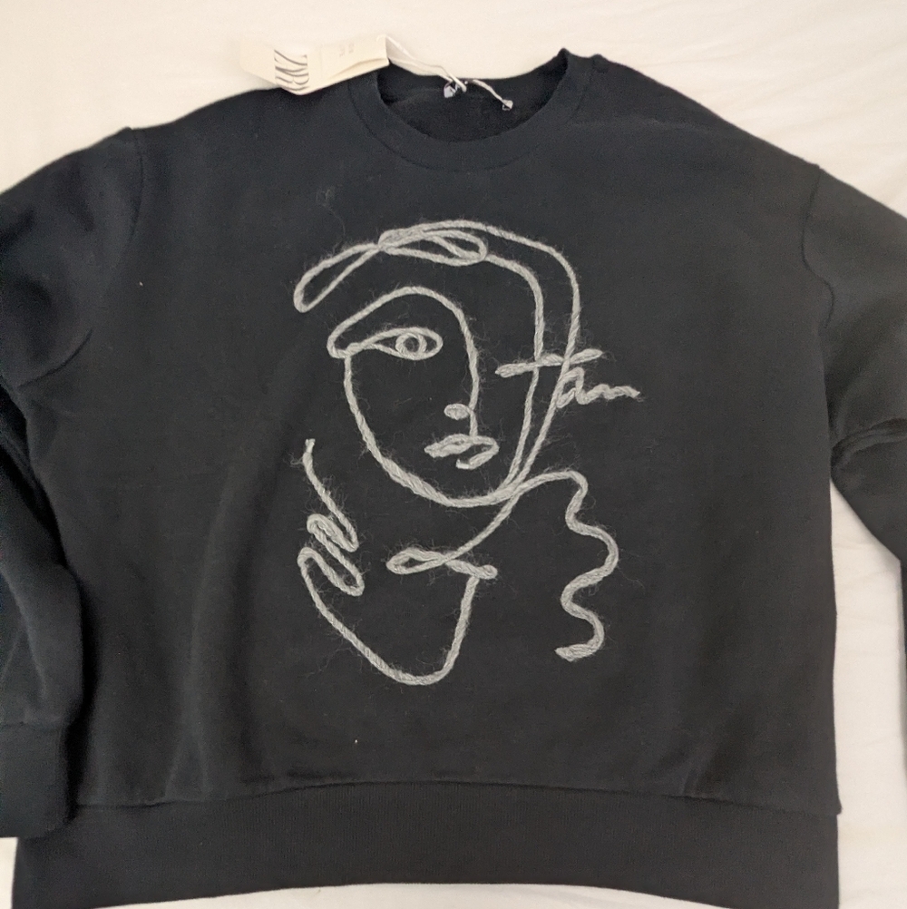 Zara NWT Black Sweater Embroidered Picasso Style Graphic Small